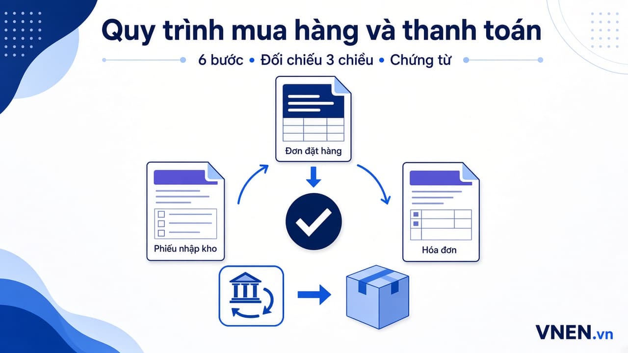 Quy trình mua hàng và thanh toán: 6 bước từ đề nghị mua đến trả tiền, đối chiếu 3 chiều và điều kiện chứng từ thuế 2026
