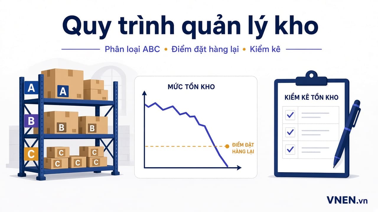Quy trình quản lý kho: nhập, xuất, kiểm kê, phân loại ABC, điểm đặt hàng lại và xử lý hàng thiếu theo Thông tư 99