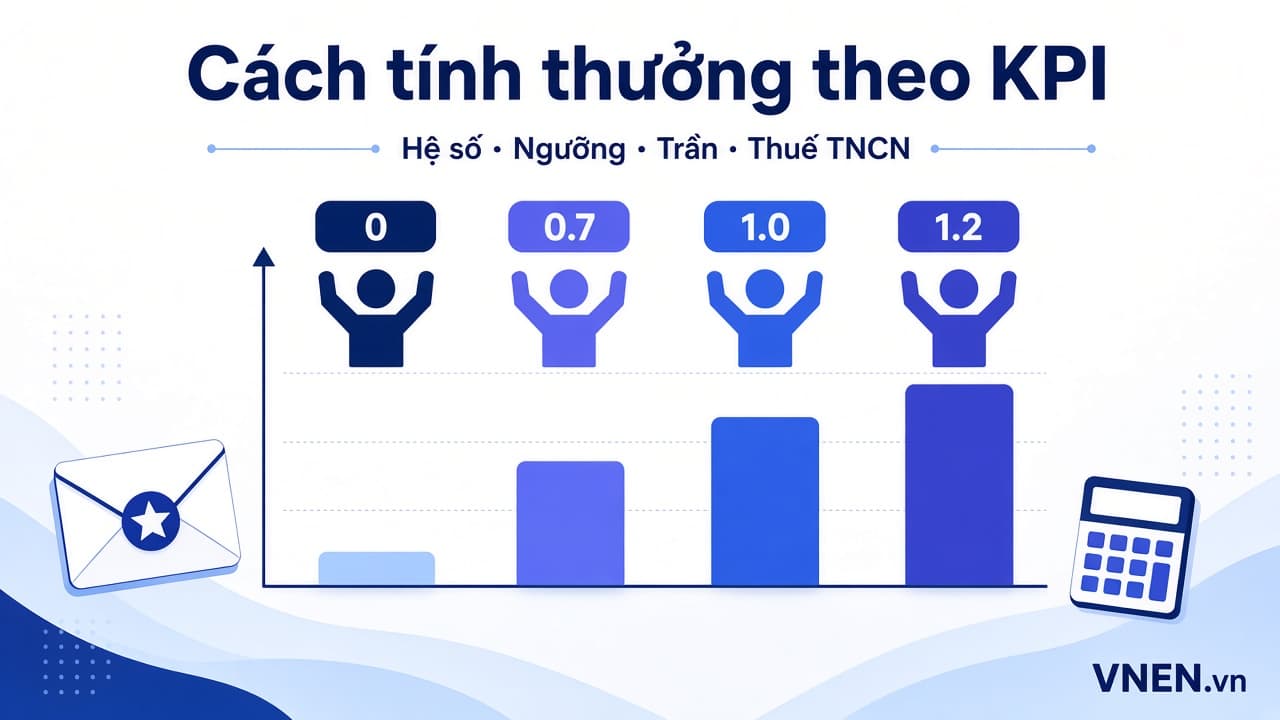 Thưởng theo KPI: 3 cách tính, bảng quy đổi hệ số, ví dụ cho nhóm 4 người và thuế TNCN của tiền thưởng 2026